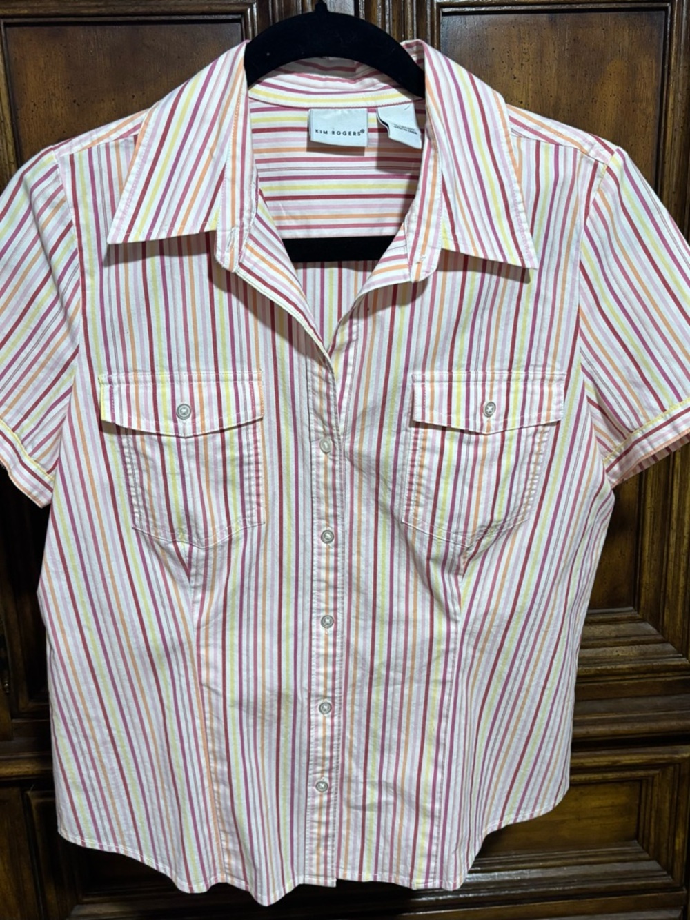 Kim Rogers White Shirt with Pink and Yellow Stripes - Button Front
